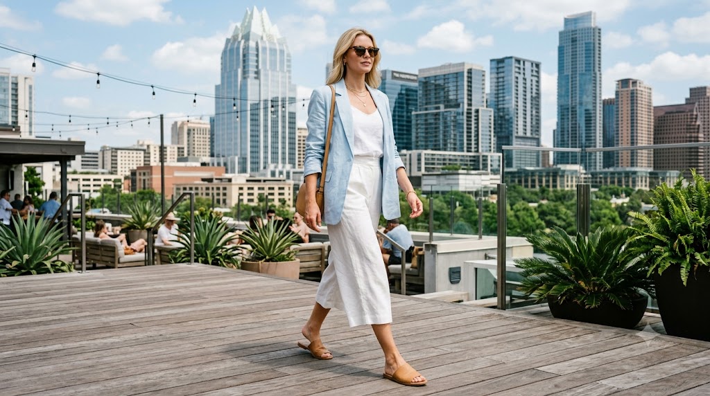 Light Blue Oversized Linen Blazer & White Culottes